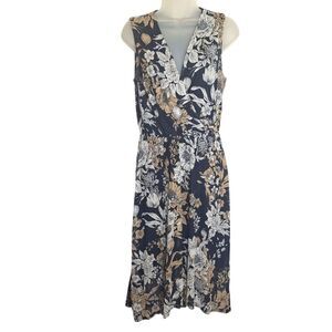 Kate & Lily Floral Midi Dress Flowy Chiffon Navy 10 P Cinch Waist Womens